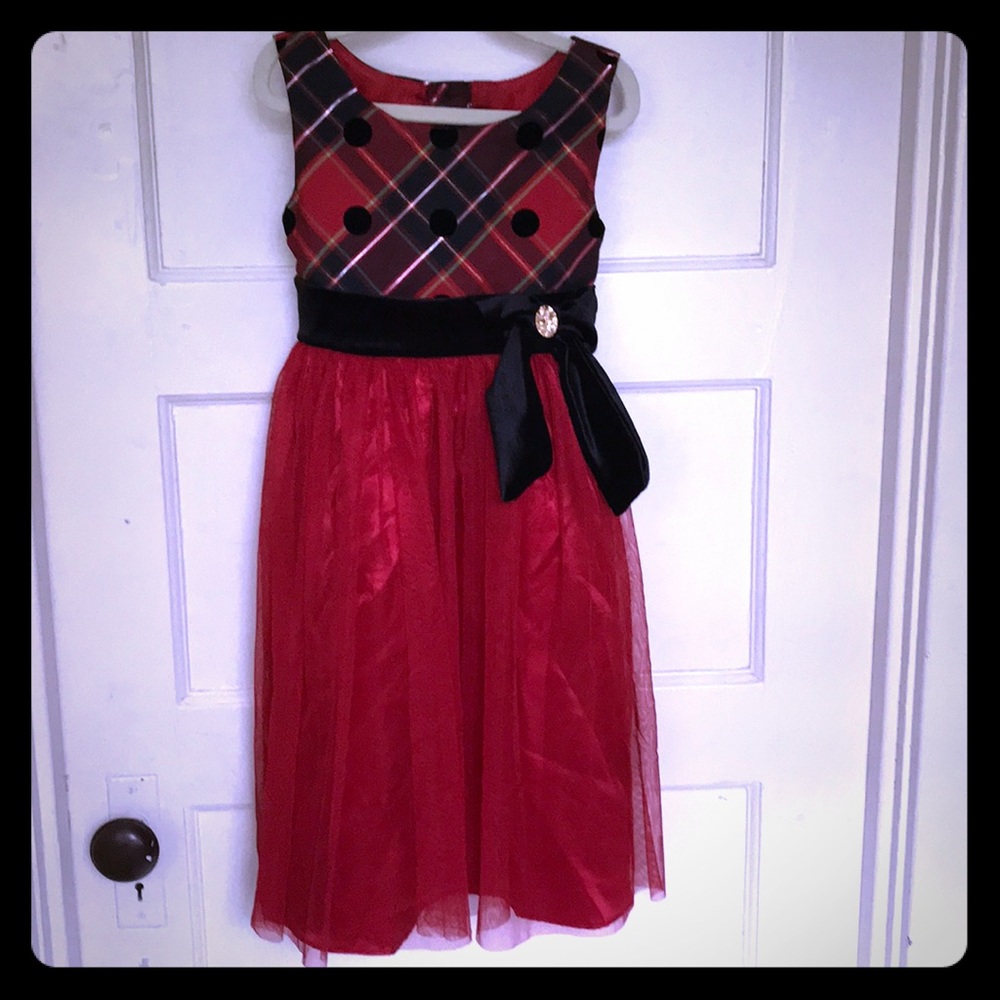 Red plaid with black velvet girls dress, size 6